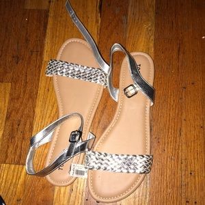 silver cross hatched one strap sandals